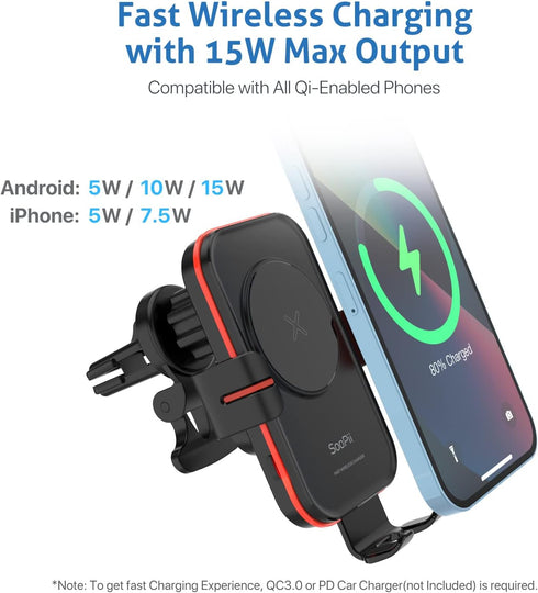 SOOPII Wireless Car Charger Mount, 15W Qi Fast Charging, Auto-Clamping,2 Styles Air Vent Phone Holder Included, Compatible with iPhone15/14/13/Pro...