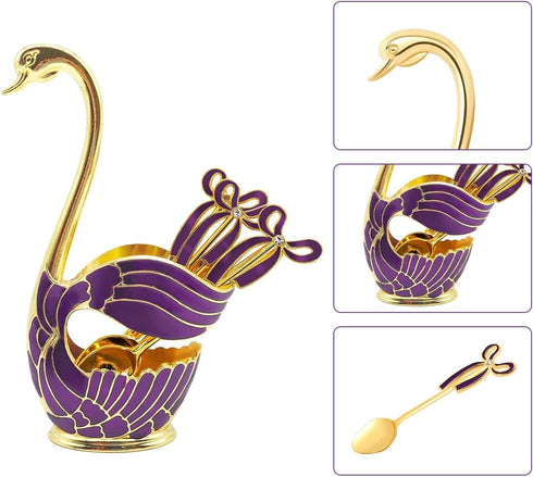 Coffee Spoon Holder, Coffee Dessert Spoon Set Metal Swan Base Holder Spoon Organizer with 6pcs Ice Cream Spoons Coffee Dessert Flatware (Purple)...