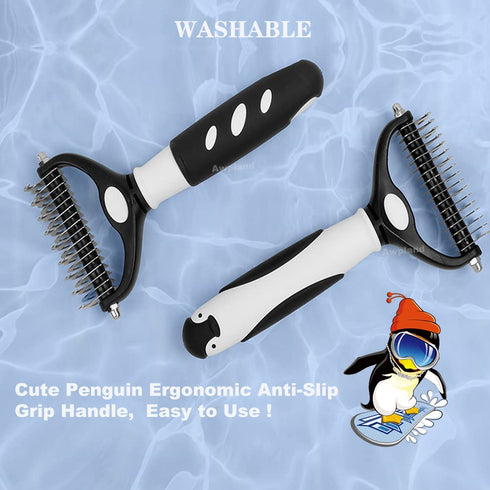 Penguin Dematting Comb for Dogs, Double Sided Shedding and Dematting Undercoat Cat Deshedding Brush with 17+9 Teeth, Cute Cat Matted Fur Remover A...