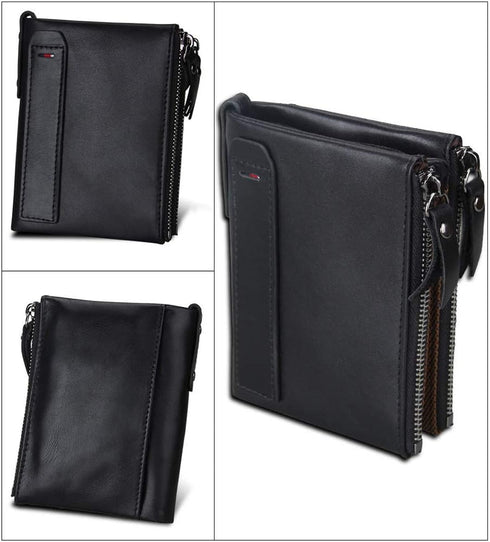 Men's Folding Double Zip Wallet RFID Blocks Retro Short Coin Purse...