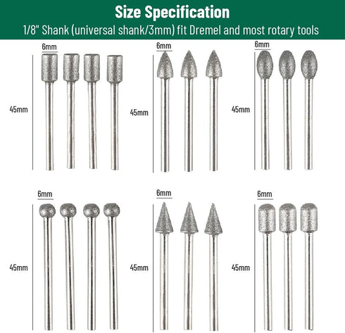 Stone Carving Set Diamond Burr Bits, 20PCS Polishing Kits Rotary Tools Accessories with 1/8’ Shank For Carving, Engraving, Grinding, Polishing Sto...