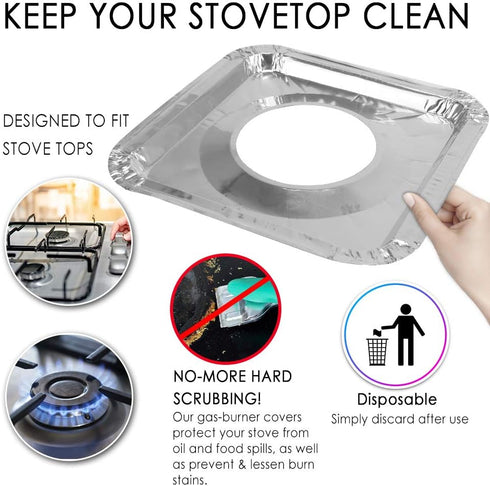 Aluminum Foil Gas Stove Burner Liners, 50 Pack Stove Burner Covers Disposable Square Stove Bib Liners Gas Rangetop Protectors Cooktop Replacement Keep Stove Clean Square 8.5"