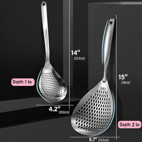 KAYCROWN Skimmer Slotted Spoon, 2 Pack Stainless Steel Pasta Spider Strainer Skimmer Ladle Spoon for Frying and Cooking, Frying Strainer Spoon, Ki...
