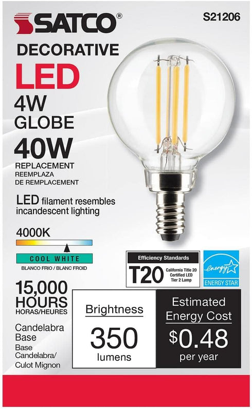 Satco 4-Watt LED E12 Light Bulb, 4000K, 15000 Hour Rating, Dimmable...