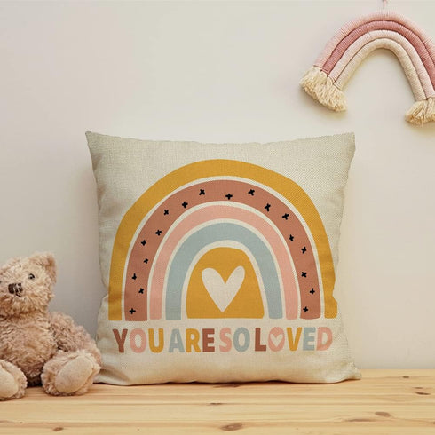 Boho Rainbow Home Decorative Throw Pillow Cover, You are So Loved Inspirational Quote Heart Cushion Case 18x18 for Girls Kids Bedroom Nursery Deco...