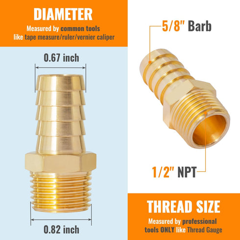 SUNGATOR Hose Barb Fittings 5/8 Inch Barb × 1/2 Inch NPT, Brass Air Hose Barb Fittings, 5/8" Barb to 1/2" NPT Male Hose to Pipe Fitting Adapter Co...