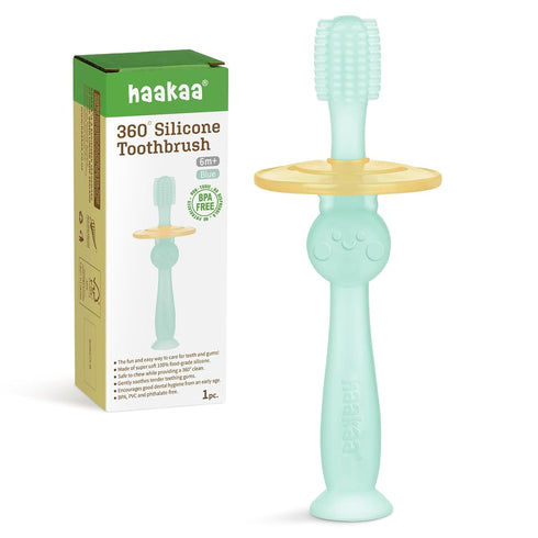 haakaa 360° Baby Toothbrush with Suction Base - Gentle Cleaning for Toddler's Self-Brushing Training, Food-Grade Silicone, Adjustable Safety Shiel...