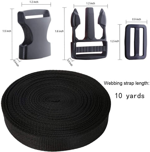 Buckles Strap Set, YGDZ 10 Yards 1 Inch Nylon Webbing Strap with 20 Set Side Release Plastic Buckles for Luggage Strap Backpack Repairing, Black...