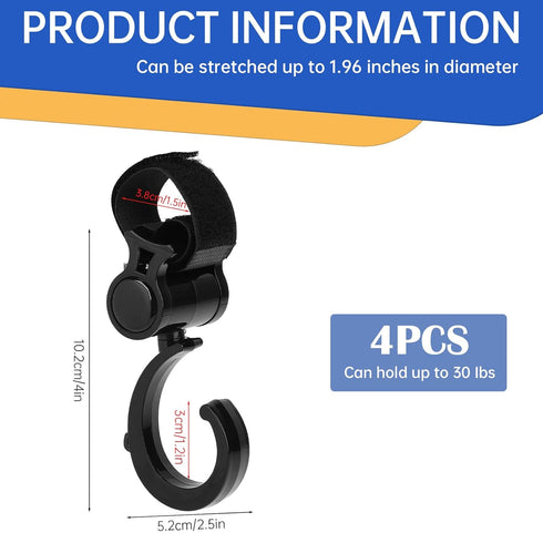 4 Pcs Walker Hook Hanging 360° Rotation Stroller Hooks for Hanging Diaper Bag Hanger Stroller Hooks for Walker Rollator Wheelchair Shopping Cart...
