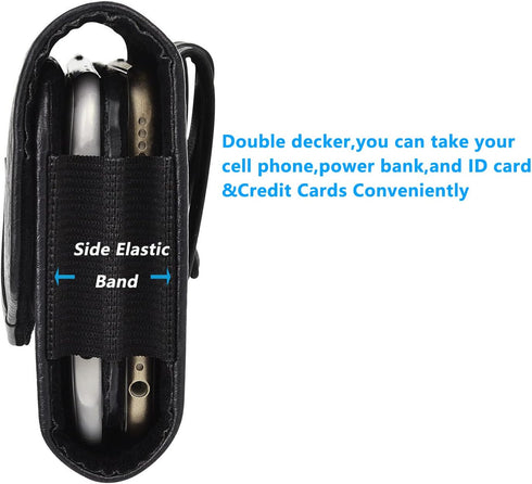 Leather Dual Phone Holster with Belt Loop for 2 Phones Horizontal Two Phone Belt Holder for Men Carrying Phone Pouches Black for iPhone 14, 13?12?...