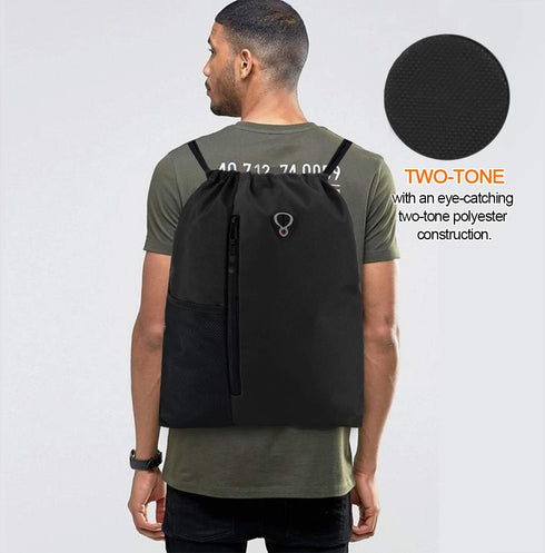 BeeGreen Black Drawstring Backpack Gym Bag For Men Women String Sports Backpack With Water Bottle Mesh Pockets And 2 Zippered Pocket Large Cinch S...