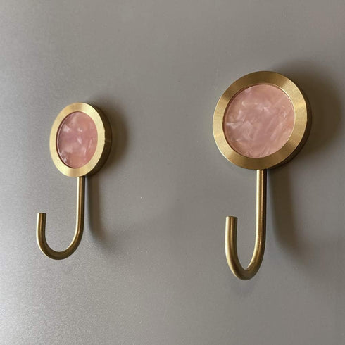 Solid Brass Decorative Wall Hook, Self-Adhesive Hole Free Wall Mount, Shining Gold Fancy Hook (Blossom Pink–Pack of 2)...