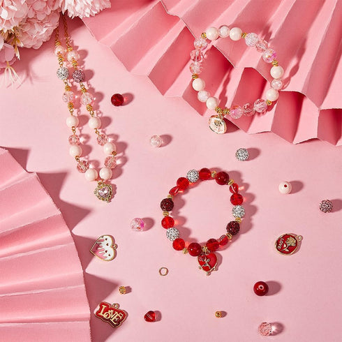 SUNNYCLUE 1 Box DIY 6 Sets Valentine's Day Charms Heart Beads Beading Bracelets Kit Enamel Heart Rose Charms Rhinestone Bead Round Acrylic Crackle...