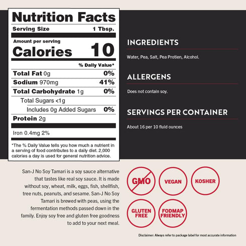 San-J - No Soy Tamari - Specially Brewed Soy Sauce Alternative - 10 oz. Bottle...