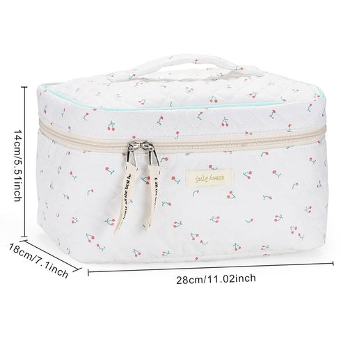 Cotton Makeup Bag, Quilted Cosmetic Bag with Handle Large Capacity Travel Toiletry Bag for Women Cute Aesthetic Floral Makeup Bag (White)...