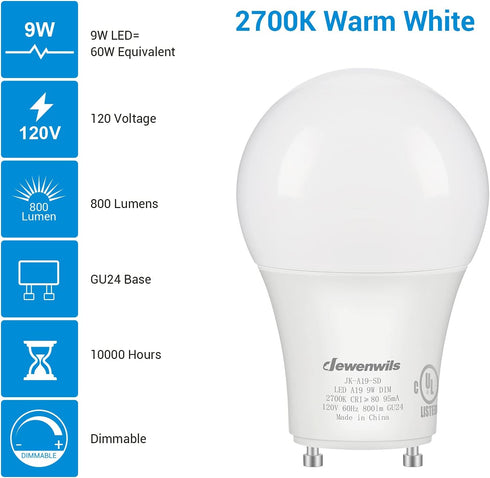 DEWENWILS GU24 LED Light Bulb, 60W Equivalent, Dimmable 2 Prong Light Bulbs, 2700K Warm White, 9W 800 Lumens, A19 Shape Bulbs, GU24 Twist Lock Bas...