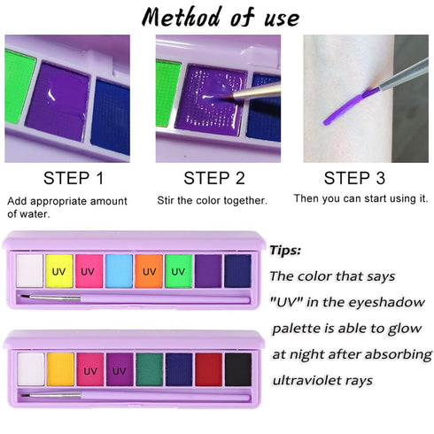 1 PCS Water Activated Eyeliner Palette 8 Colors Neon Face Paint Liner Makeup Longlasting Fluorescent Face and Body Paint with Brush for Halloween ...