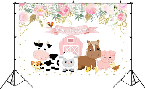 Lofaris Pink Farm Animals Birthday Backdrop - Barnyard Theme Background for Little Princess Birthday Party Decorations - Cute Farmhouse Flower Gir...
