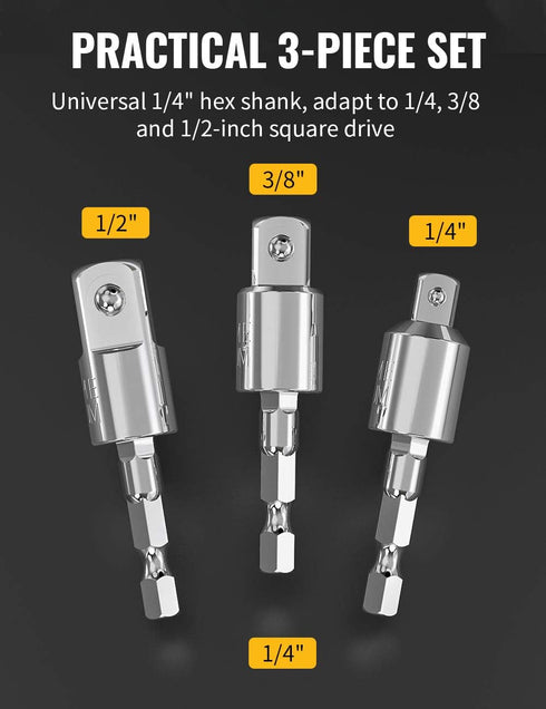 Tool Gift for Man, 3-Piece Power Drill Sockets Adapter Sets, 360°Rotatable Hex Shank Impact Driver Socket Adapter, Socket to Drill Adapter 1/4" 3/...