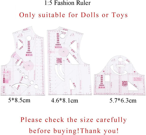 3 Piece Clear Set Doll Clothes Ruler Tailor Garment Cloth Sewing Tool Design French Curve Drafting Template 1:5 Fashion Tools Measure for Dressmak...