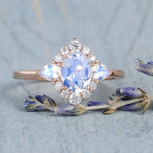 Plated 18k Rose Gold Rainbow Moonstone Rings,Women Bridal Set Statement Anniversary Ring Gift Oval & Pear Cut CZ Simulated Diamond Engagement Ring...