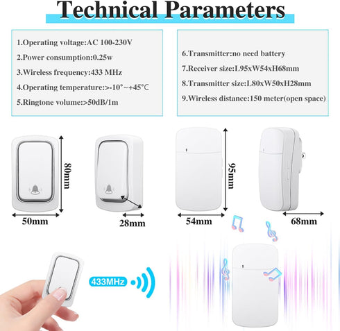 Wireless Doorbells, Over 150M Range and 38 Melodies, IP44 Waterproof Doorbell Kit and Mute Mode, CD Quality Sound and LED Flash, for Home Office C...