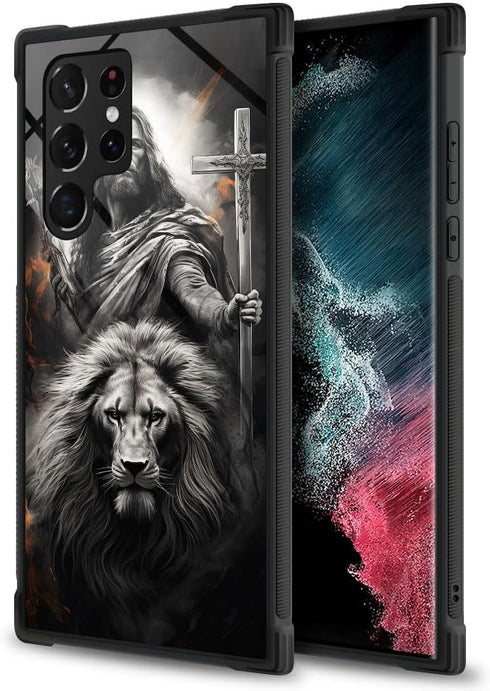 CARLOCA Compatible with Samsung Galaxy S23 Ultra Case,Jesus Black White Lion Cross Pattern Ultra Protection Shockproof Soft Silicone TPU Non-Slip ...