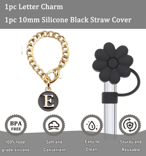Stanley Cup Accessories, 1pc Flower Stanley Straw Cover Silicone Straw Topper for Stanley 30&40 oz Tumbler with Handle and 1pc Initial Letter Char...