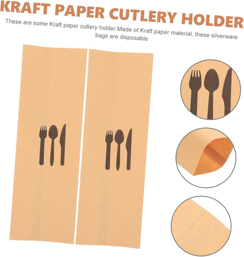 100pcs Kraft Paper Cutlery Set Kraft Paper Silverware Bags Dinner Table Decor Disposable Cutlery Utensil Holder Disposable Fork Wedding Disposable...