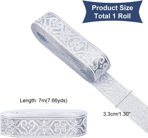 NBEADS 7.7 Yards Silver Jacquard Ribbon Trim, 1-1/4 Inch Wide Boho Woven Trim Ethnic Floral Ribbon Embroidery Polyester Flat Ribbon for DIY Craft ...