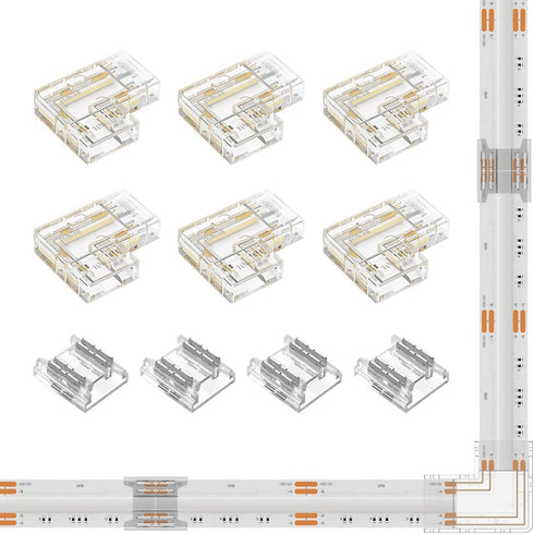 BTF-LIGHTING FCOB COB 10mm/0.39in Width LED Strip Connector Kit 6Pcs 4 Pin Transparent L-Shaped Connectors 4Pcs 4Pin Strip to Strip Connectors for...