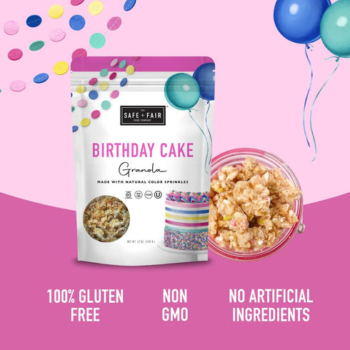 Safe + Fair Birthday Cake Granola - Gluten-Free, Dairy Free and Vegan Breakfast, Snack or Dessert - Free From Top 9 Allergens, Trans Fat and Artif...