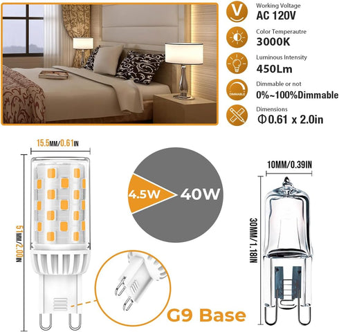 G9 LED Bulb Dimmable 4W, 40 Watt T4 G9 Halogen Equivalent, 3000K Soft Warm White, 120V Flicker Free, LED Bulbs Bi Pin Base Chandelier Lighting 450...