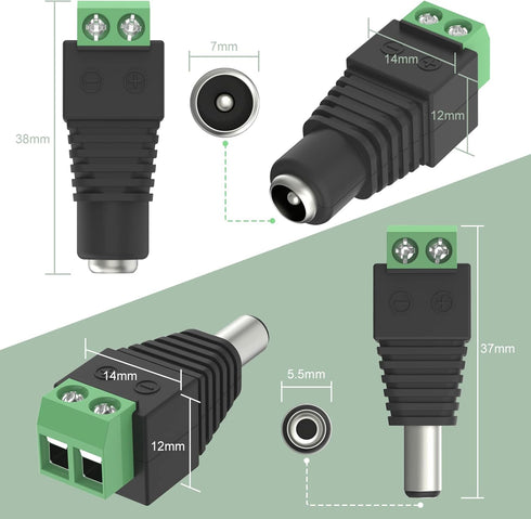 VCE 12V DC Power Connector, 5.5mm x 2.1mm DC Power Plug, 5 Pcs Male and 5 Pcs Female DC Connectors for LED Strip, CCTV Security Camera, Outdoor Ca...