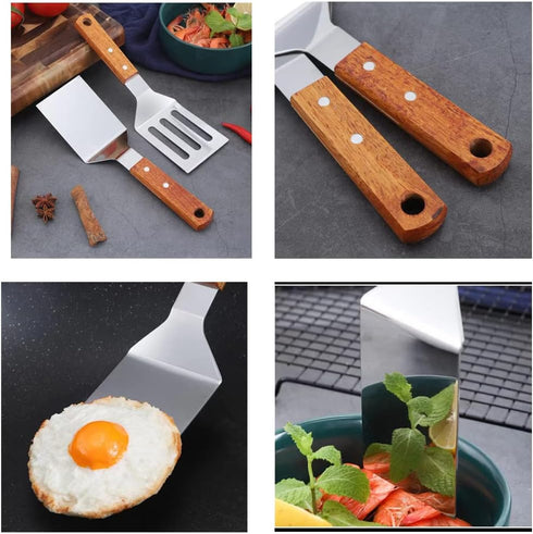 2 PCS Metal Spatula for Cast Iron Skillet, Stainless Steel Grill Spatula Slotted Spatula Turner Fish Spatula with Wood Handle, Flat Top Grill Spat...