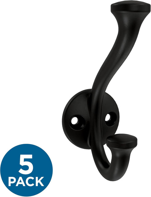 Franklin Brass Casual Farmhouse (5-Pack) Coat and Hat Wall Hooks Double Hooks for Hanging Matte Black Wall Mount Hanger Backpack, Purse, Bag, Towe...