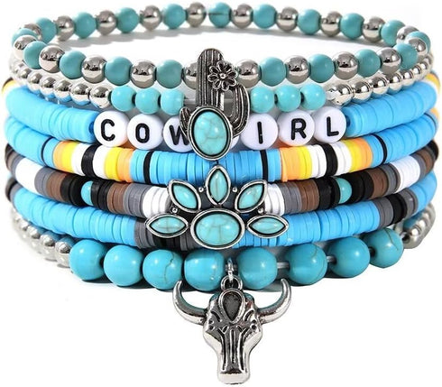 Todu 5 Pcs Western Cowgirl Turquoise Beaded Stretch Cow Boot Feather Charm Bracelets Bohemian Stackable Summer Beach For Women Jewelry Gift...