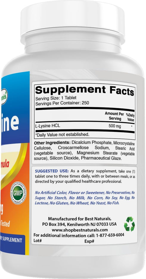 Best Naturals L-Lysine 500 mg 250 Tablets...