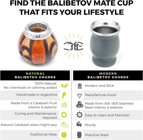 BALIBETOV Yerba Mate Gourd Set (Original Natural Handmade Yerba Mate Cup Argentina) - Includes Mate Tea Cup, Bombilla (Mate Straw) and Clean Brush...