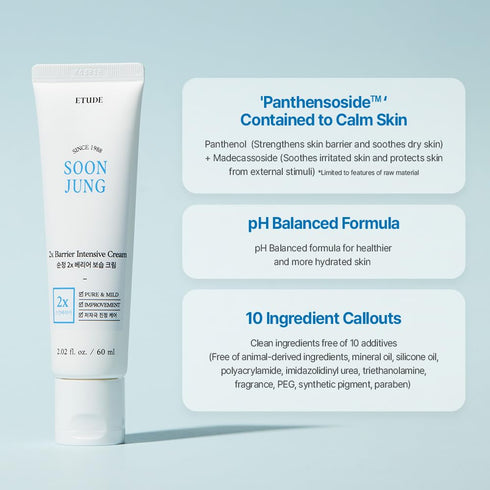 ETUDE Soonjung 2x Barrier Intense Cream Set | 2x Barrier Cream 2.02fl.oz + Ph 5.5 Relief Toner 0.85 Fl.oz. + Foam Cleanser 0.68 Fl.oz. | Oil And W...