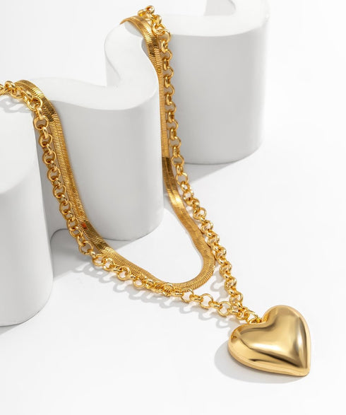 Layered Chunky Heart Choker Necklace - Gold Plated Heart Pendant Herringbone Snake Chain Y2K Grunge Jewelry Gifts for Women...