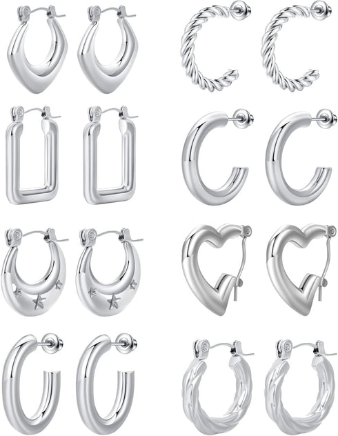 8 Pairs Stainless Steel Chunky Gold Silver Hoop Earrings Set,Gold Earrings for Women,Hypoallergenic Hoop Huggie Trendy Jewelry Earrings for Women...