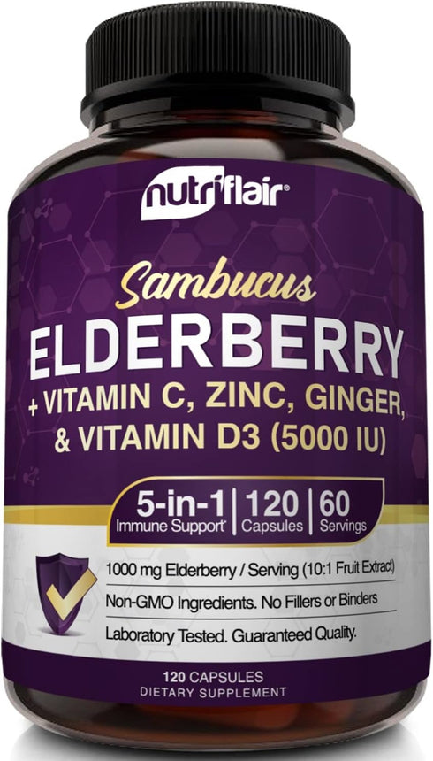 NutriFlair Sambucus Elderberry, 120 Veggie Capsules - 5 in 1 Immune Support and Antioxidant Supplement with Vitamin C, Vitamin D3 5000 IU, Zinc, G...