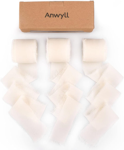 Anwyll White Handmade Silk Ribbon,Handmade Fringe Chiffon Ribbon,1-1/2 Inchx21 Yd Chiffon Silk Ribbon,Frayed Edge Fabric Ribbons (3 Roll x 7Yd) fo...