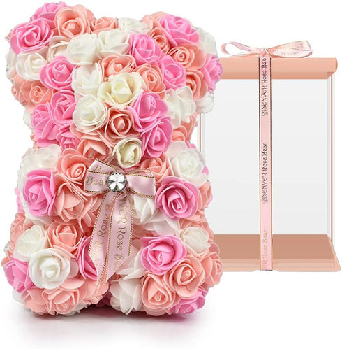 Hand Made Artificial Flowers Rose Bear Pure Color for Valentine Birthday and Mother's Day with a 10" Pink Gift Box (Multi Color-Pinkbow)...