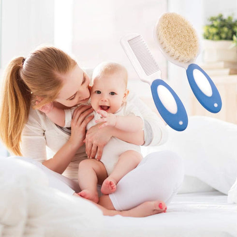 Baby Hair Brush and Comb Set for Newborns & Toddlers | Natural Soft Goat Bristles | Ideal for Cradle Cap | Perfect Baby Registry Gift (Blue)...