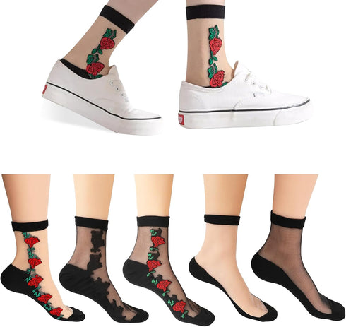 5 Pairs Womens Sheer Socks Sheer Socks Women Ankle Vintage Flower Lace Mesh Crystal Glass Socks for Women...