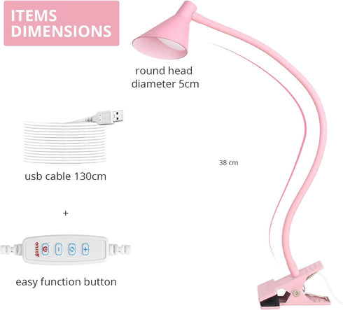 Desk Clip Reading Light, 3 Light Modes 10 Dimmable Brightness, Eye-Caring Bedroom Bedside Lamp, Flexible Neck Clamp Lamp?Pink?...