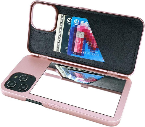 for iPhone 12 Pro Max Case, Built-in Mirror Shockproof Card Holder Cover Wallet Case for iPhone 12 Pro Max 6.7 Inch (Rose Gold)...