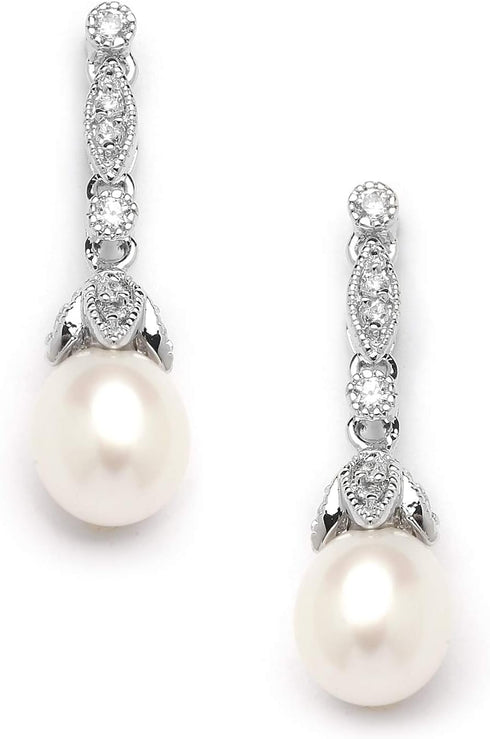 Mariell Cultured Freshwater Pearl Bridal Drop Earrings with Cubic Zirconia Crystals, Ivory Pearl Wedding Earring for Brides, Bridesmaids, Mother o...